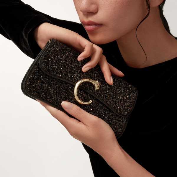 Chain bag mini, Panthère de Cartier Black glass beads, fabric, golden finish and black enamel