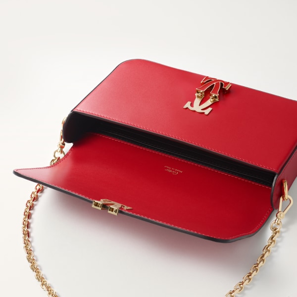 Mini model chain bag, C de Cartier Red calfskin, golden finish and red enamel