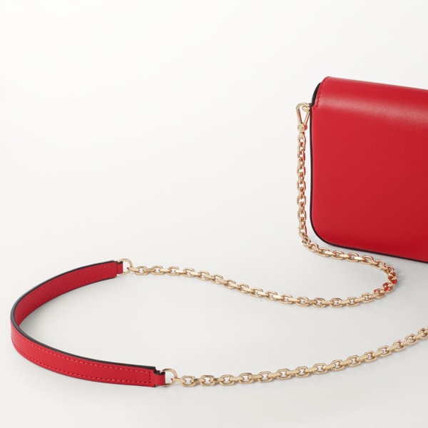 Mini model chain bag, C de Cartier Red calfskin, golden finish and red enamel