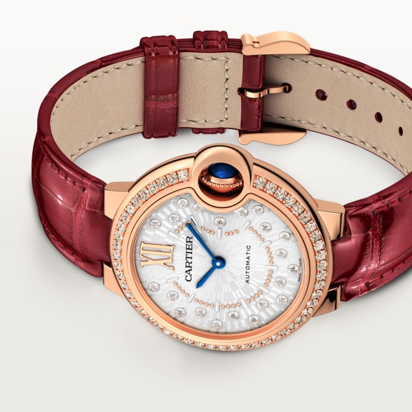 Ballon Bleu de Cartier watch 33 mm, automatic mechanical movement, rose gold, diamonds, leather