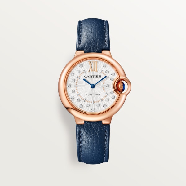 Ballon Bleu de Cartier watch 33 mm, automatic mechanical movement, rose gold, diamonds, leather