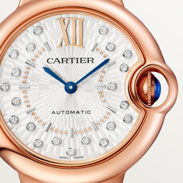 Ballon Bleu de Cartier watch 33 mm, automatic mechanical movement, rose gold, diamonds, leather