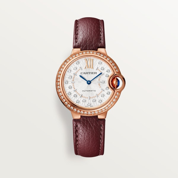 Ballon Bleu de Cartier watch 33 mm, automatic mechanical movement, rose gold, diamonds, leather