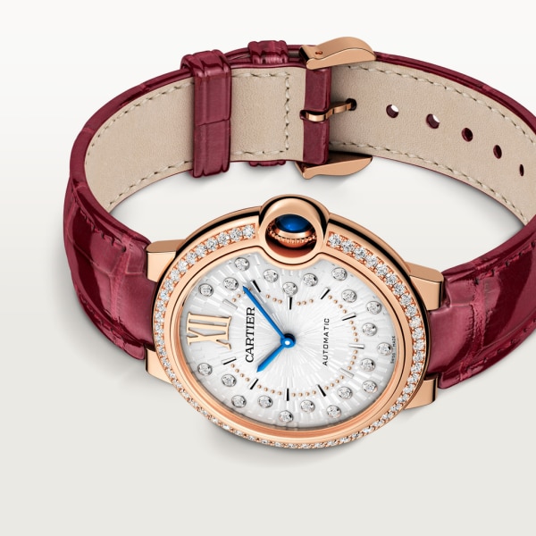 Ballon Bleu de Cartier watch 36 mm, automatic mechanical movement, rose gold, diamonds, leather