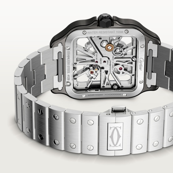 Santos de Cartier watch Large model, hand-wound mechanical movement, steel, interchangeable metal and leather bracelets