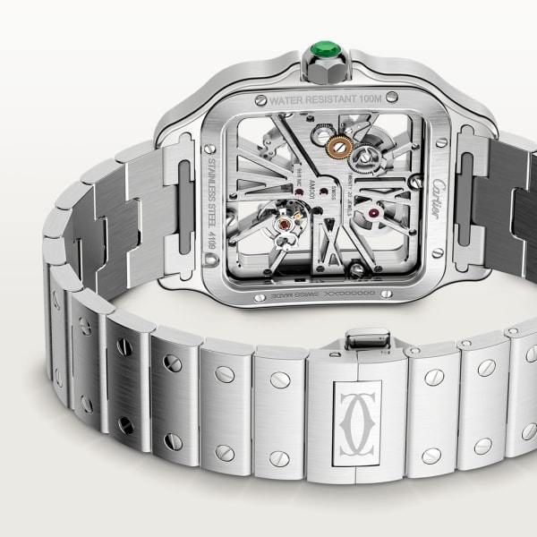 Santos de Cartier watch Large model, hand-wound mechanical movement, steel, interchangeable metal and leather bracelets