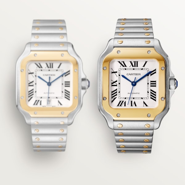 Santos de Cartier watch Large model, automatic movement, yellow gold, steel, interchangeable metal and leather bracelets