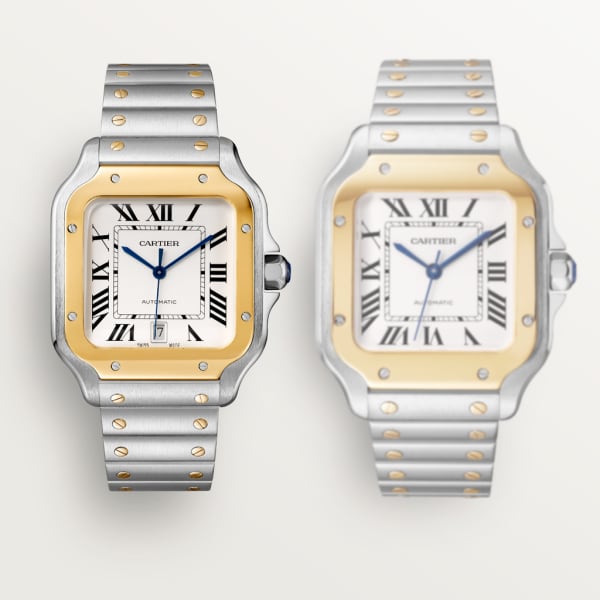 Santos de Cartier watch Medium model, automatic movement, yellow gold, steel, interchangeable metal and leather bracelets