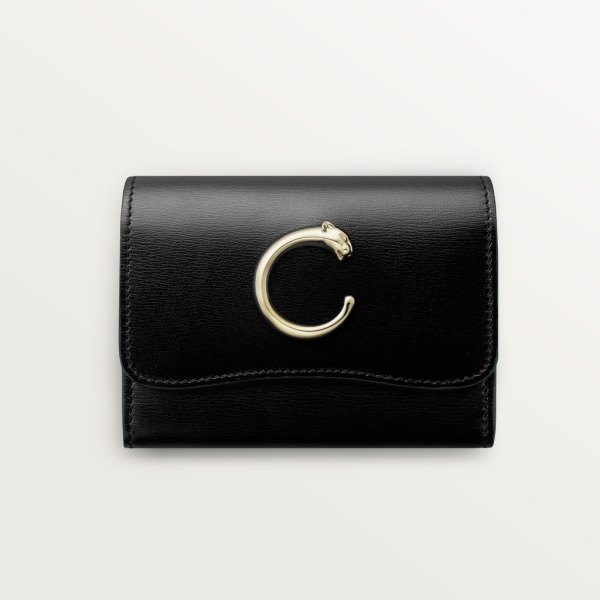 Wallet mini, Panthère de Cartier Black calfskin, golden finish