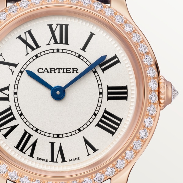 Ronde Louis Cartier watch 29 mm, quartz movement, rose gold, diamonds, leather