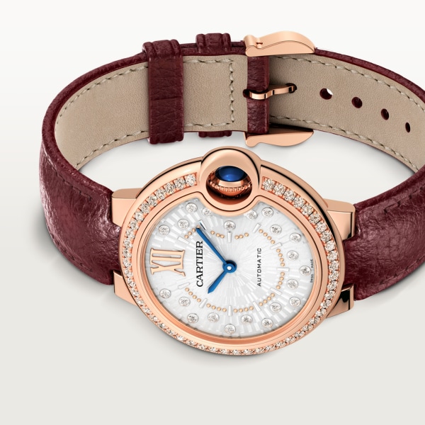 Ballon Bleu de Cartier watch 33 mm, automatic mechanical movement, rose gold, diamonds, leather