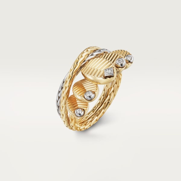 Grain de café ring Yellow gold, white gold, diamonds