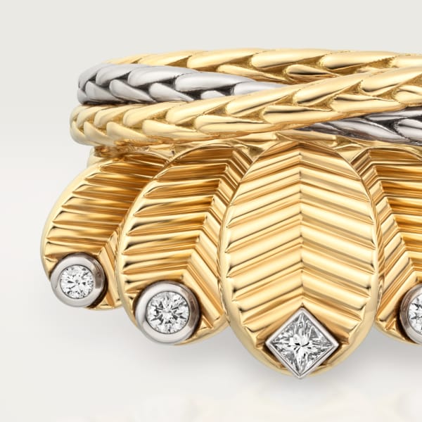 Grain de café ring Yellow gold, white gold, diamonds