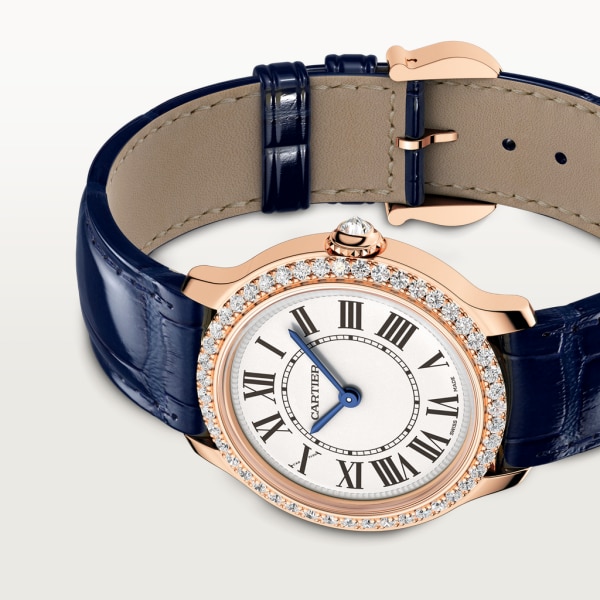 Ronde Louis Cartier watch 29 mm, quartz movement, rose gold, diamonds, leather