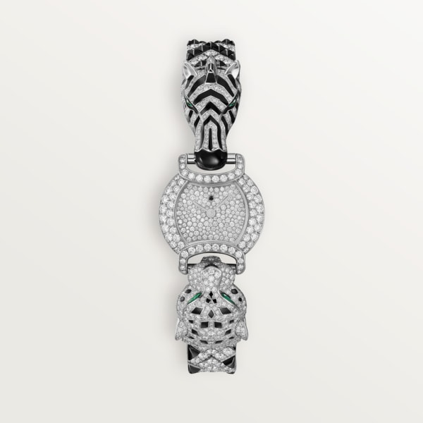 Indomptables de Cartier Watch 22.2 mm, quartz movement, rhodium-finish white gold, emeralds, diamonds, spinels, onyx, metal strap