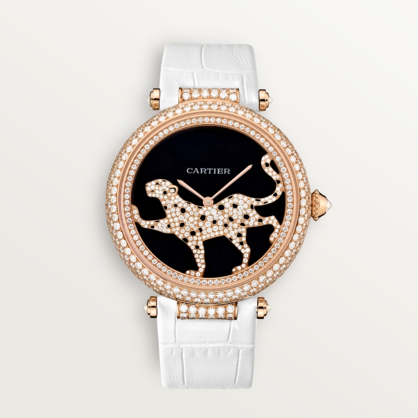 Panthère Jewellery Watches 42mm, automatic movement, rose gold, diamonds, leather