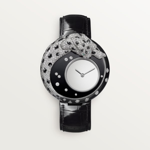 Panthère Jewellery Watches 40mm, hand-wound mechanical movement, white gold, lacquer, diamonds, leather