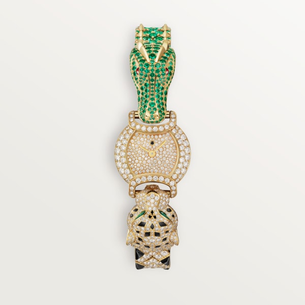 Indomptables de Cartier Watch 22.2 mm, quartz movement, yellow gold, diamonds, emeralds, rubies, spinels, metal strap