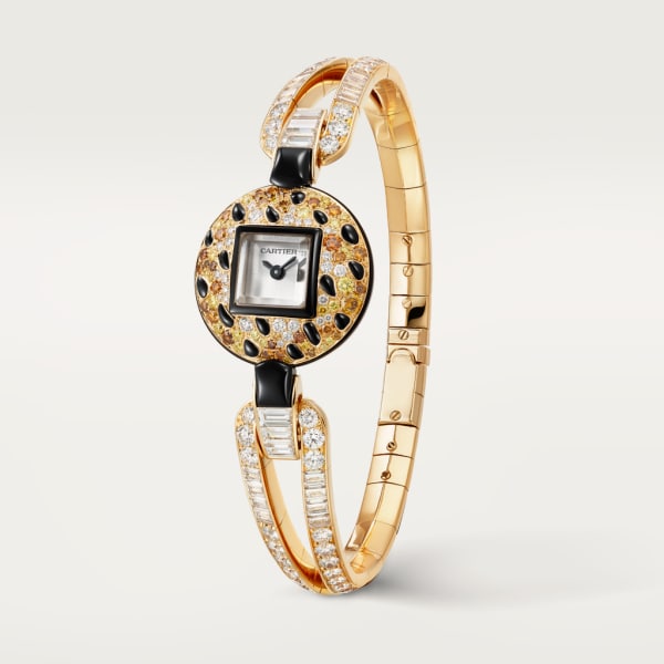 Panthère Jewellery Watches 21.66 mm, quartz movement, yellow gold, rose gold, diamonds, onyx