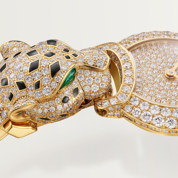 Indomptables de Cartier Watch 22.2 mm, quartz movement, yellow gold, diamonds, sapphires, emeralds, spessartite garnets, onyx, metal strap