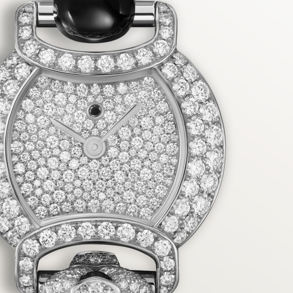 Indomptables de Cartier Watch 22.2 mm, quartz movement, rhodium-finish white gold, emeralds, diamonds, spinels, onyx, metal strap