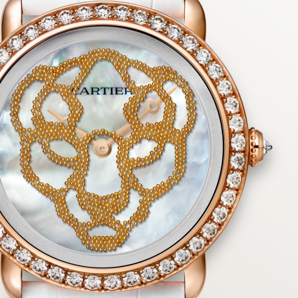 Révélation d'une Panthère watch 37 mm, manual, rose gold, diamonds, mother-of-pearl, leather