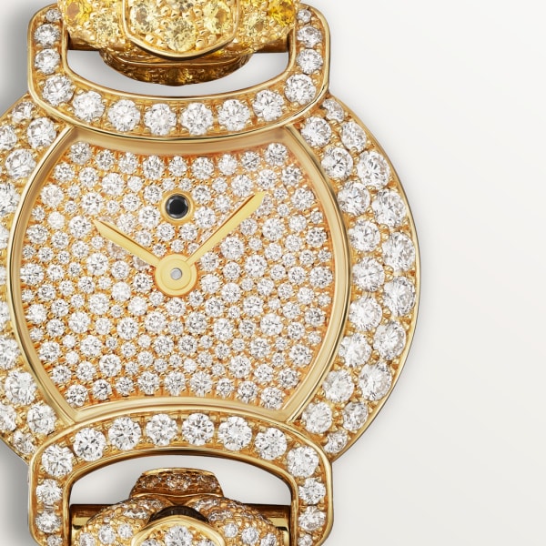 Indomptables de Cartier Watch 22.2 mm, quartz movement, yellow gold, diamonds, sapphires, emeralds, spessartite garnets, onyx, metal strap