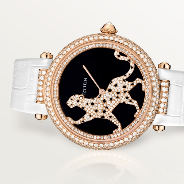 Panthère Jewellery Watches 42mm, automatic movement, rose gold, diamonds, leather