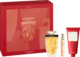 Set with 75 ml La Panthère Parfum, 10 ml La Panthère Eau de Parfum Purse Spray and 100 ml Perfumed Body Lotion. Gift set