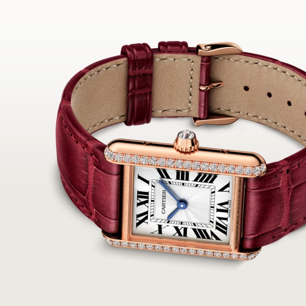 Tank Louis Cartier watch Small model, hand-wound mechanical movement, rose gold, diamonds, leather