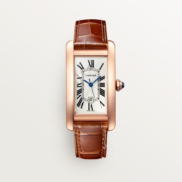 Tank Américaine watch Medium model, automatic movement, rose gold, leather