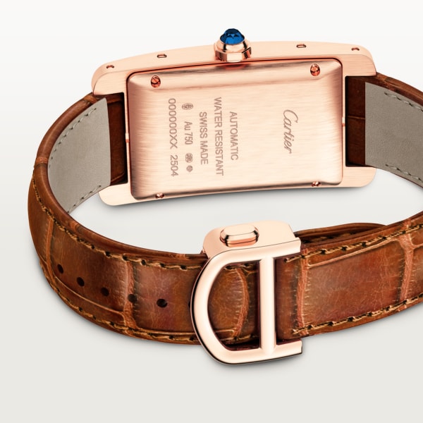 Tank Américaine watch Medium model, automatic movement, rose gold, leather