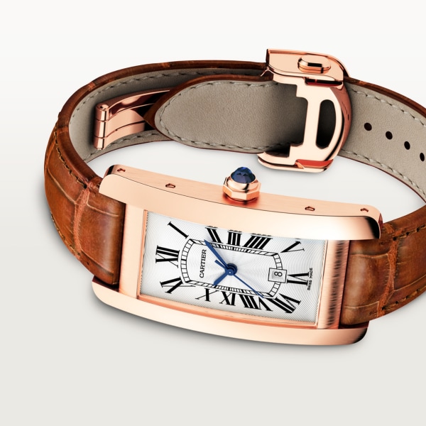 Tank Américaine watch Medium model, automatic movement, rose gold, leather