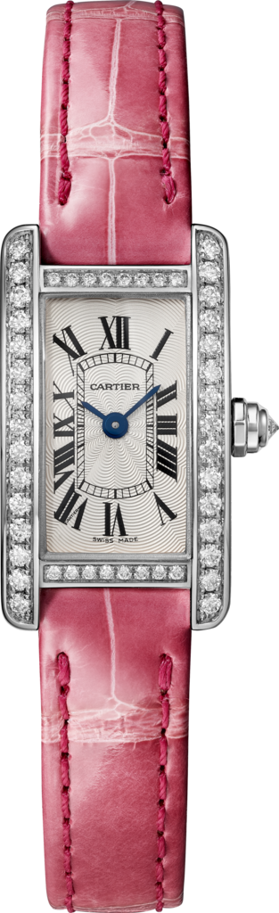 Tank Américaine watchMini model, quartz movement, white gold, diamonds, leather